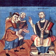 Die Bauherren der Justinuskirche: Erzbischof Otgar von Mainz (rechts) und sein Nachfolger Rabanus Maurus (links) – Darstellung aus manuscriptum Fuldense um 830